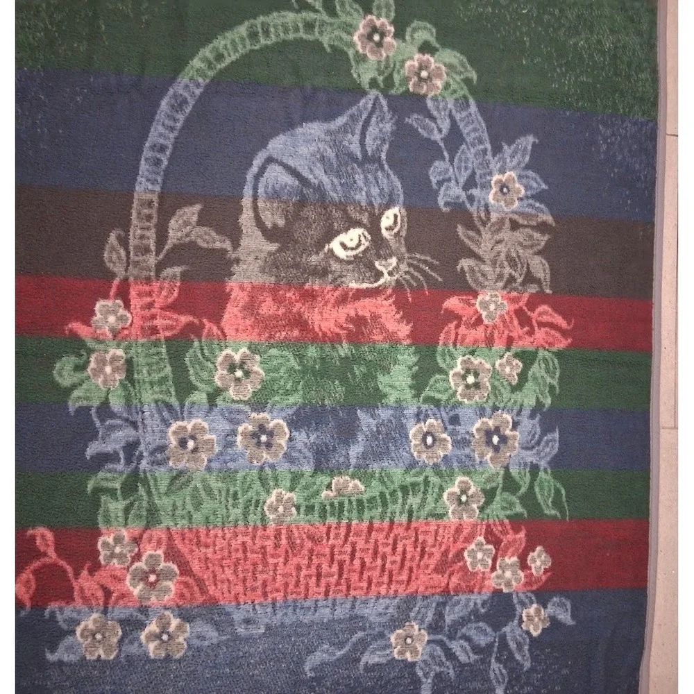 VTG Biederlack Reversible Kitten Cat Basket Flowers Floral Blanket Throw 52x74
